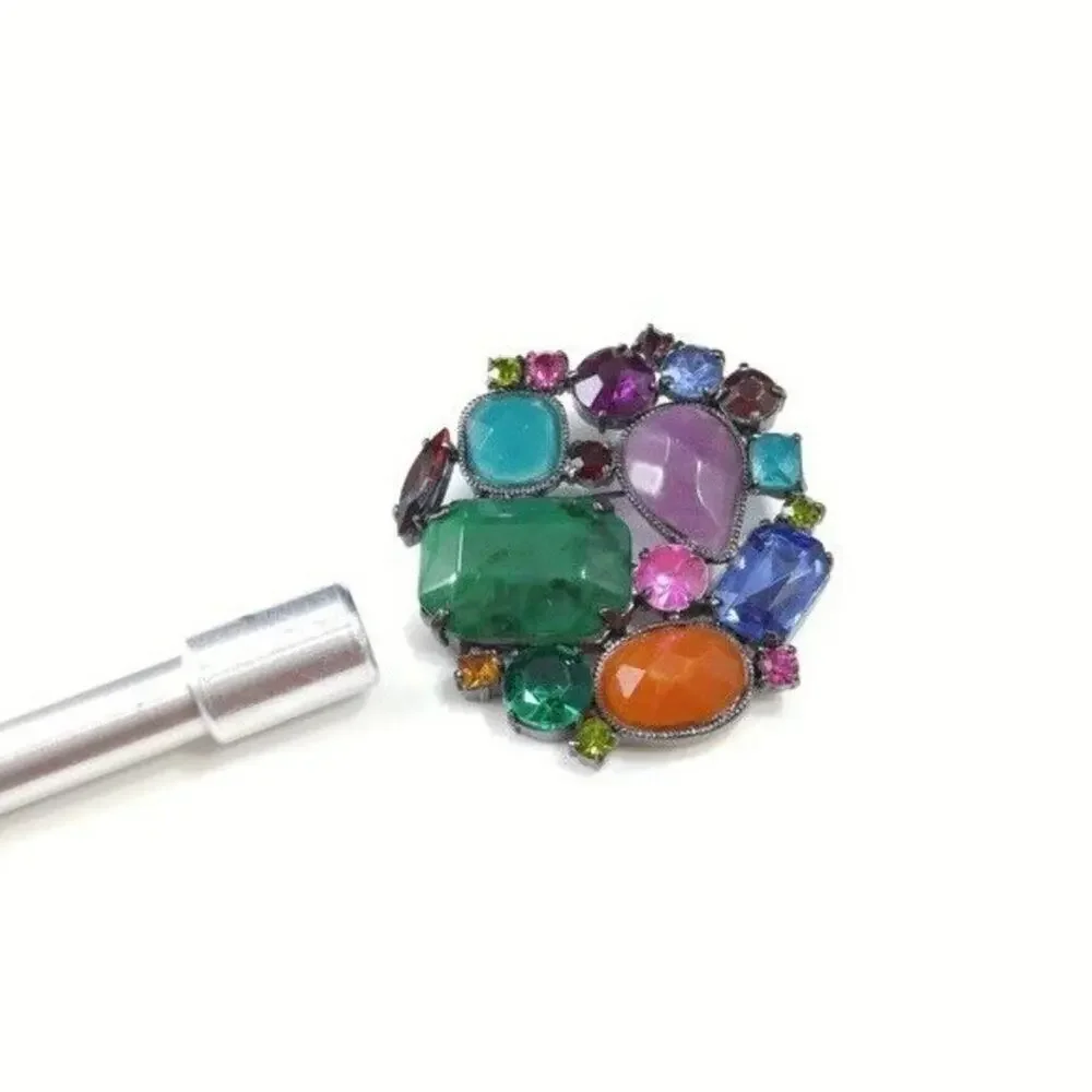 Purple Blue Green Faceted Rhinestones Jewel Colors Cabochons Brooch, 2 Inches